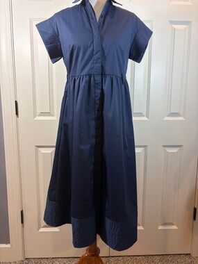 Navy Short-Sleeve Button-Front Midi Dress